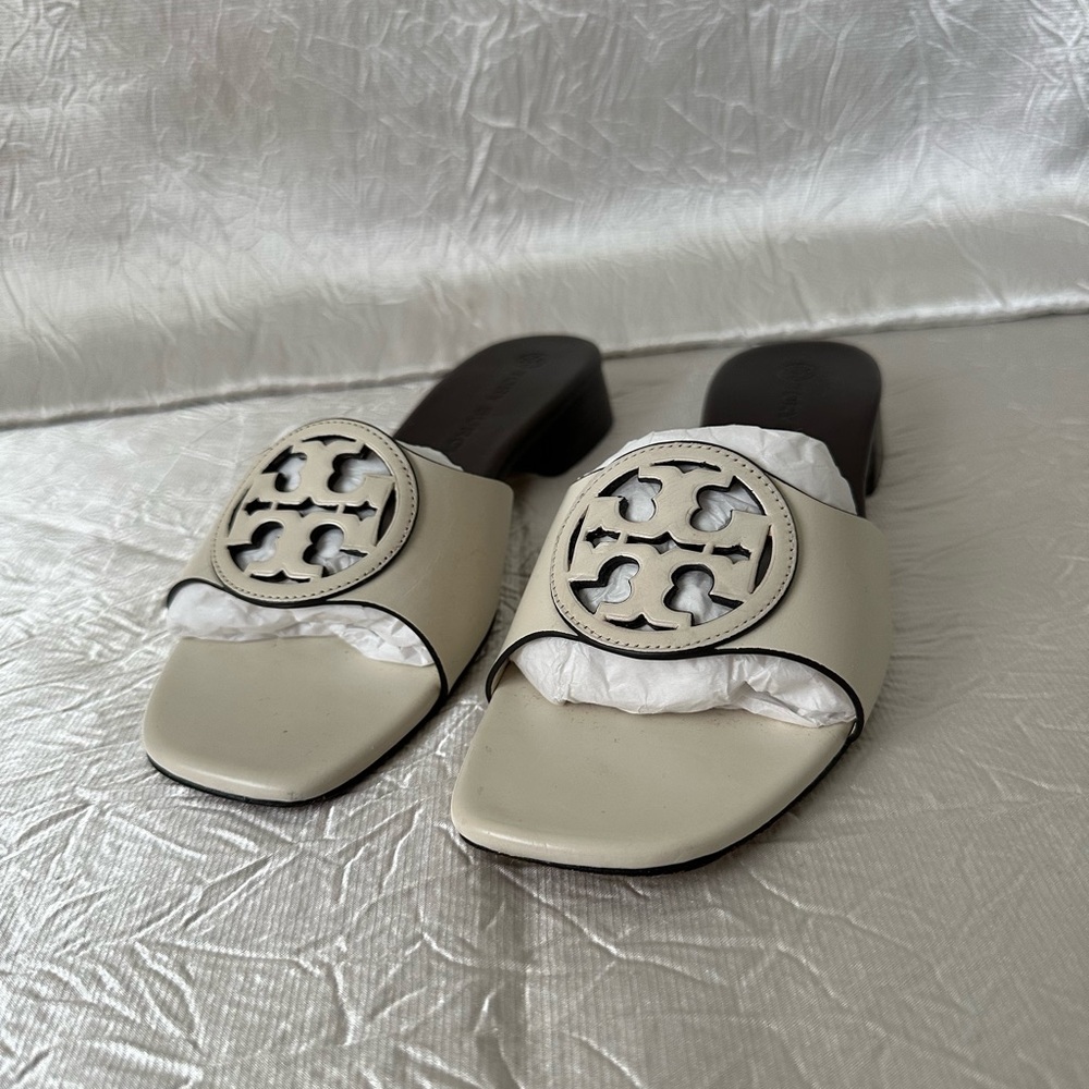 Tory Burch Cream Mules with Logo Detail